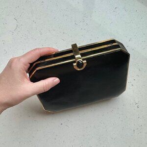 S O L D VINTAGE 60s/70s Clutch Handbag Black Leather w/ Gold-tone Details+Chain